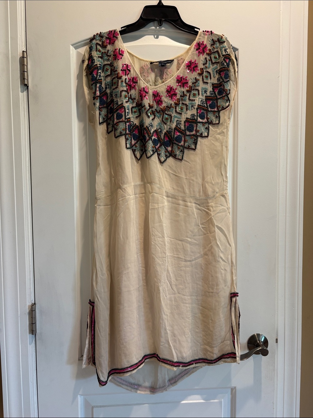 Cream Embroidered Beaded Boho Shift Sheer Dress with Slip And Belt Size 6